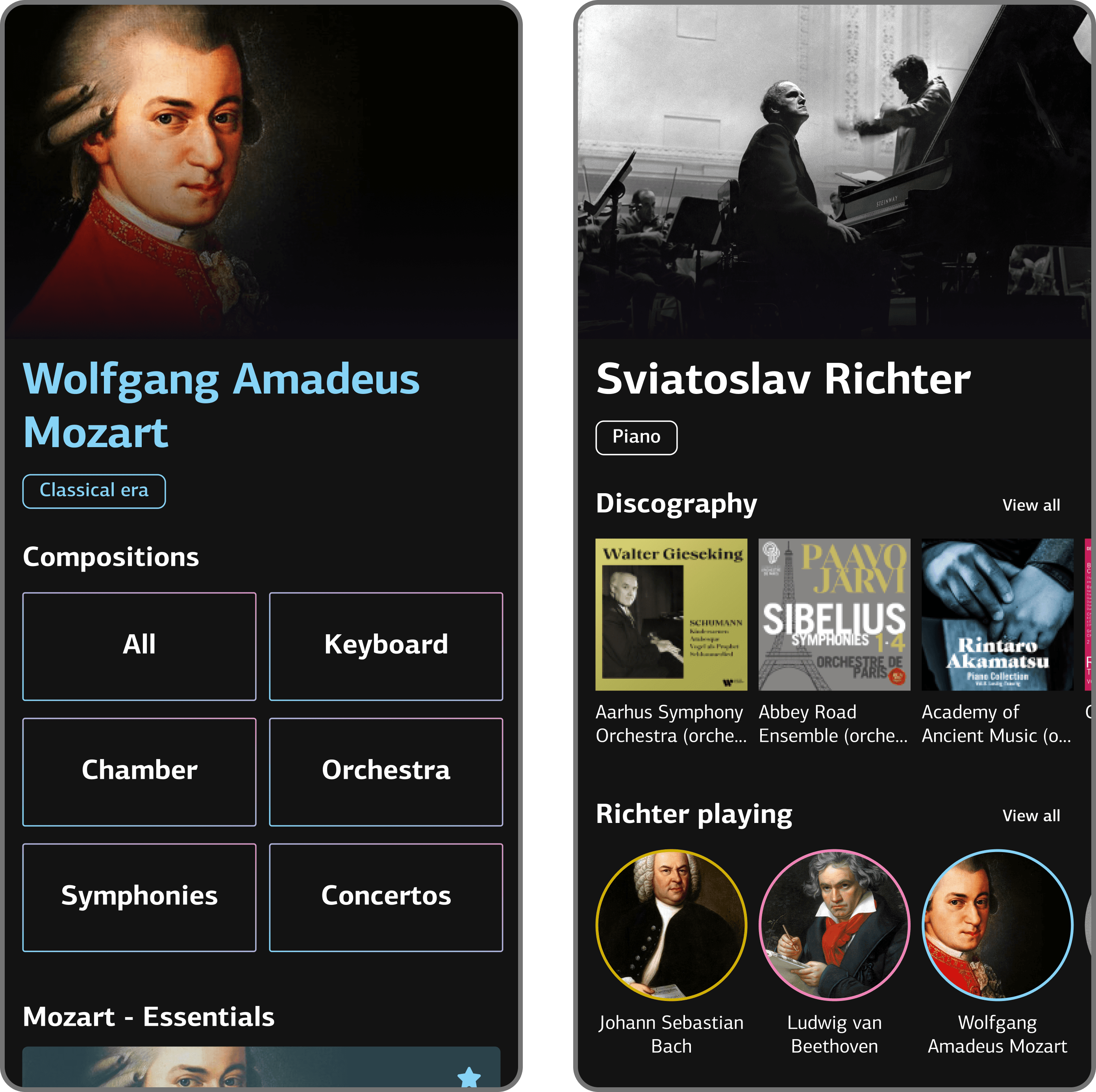 Two Tempso app screens showing a composer and a performer